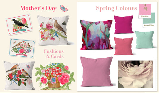 Pastel colour scatter and throw cushions, mothers day cards and gifts