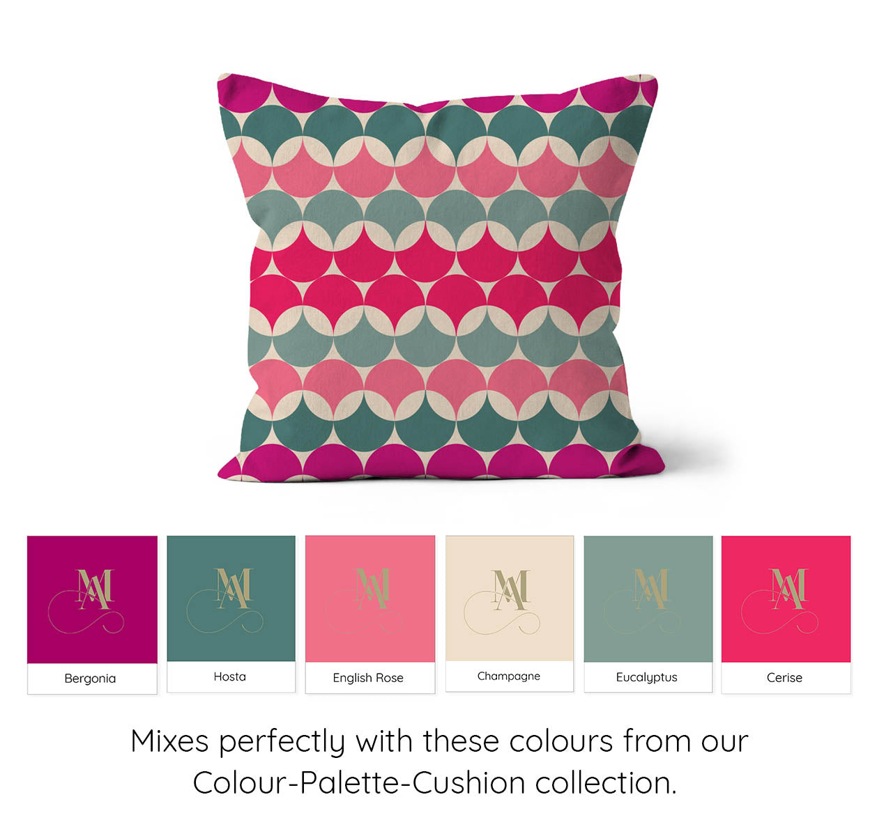 Square shaped cushion with Bauhaus style graphic pattern in teal green, greys and bright pink and soft pink colour circles combination. 6 Colour swatches showing all the colours in the pattern.