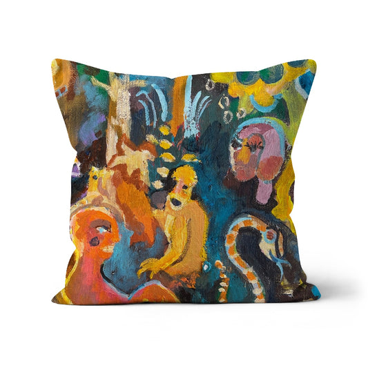 Square shaped cushion featuring abstract artwork of jungle animals in a naive art style