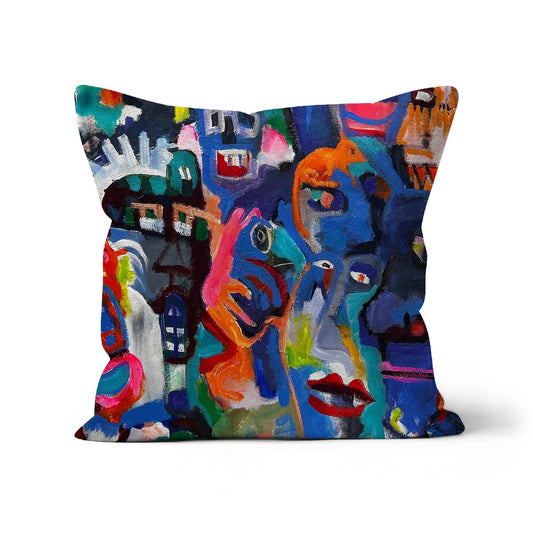 Cushion featuring abstract outsider artwork, naive art bold colours and brush marks of faces 