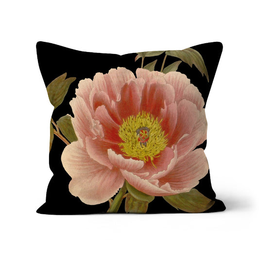 Square cushion with pink coloured peony flower, and leaves on a black background