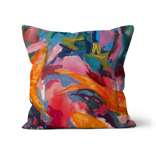 cushion with colourful abstract artwork of goldfish and loose brushstrokes