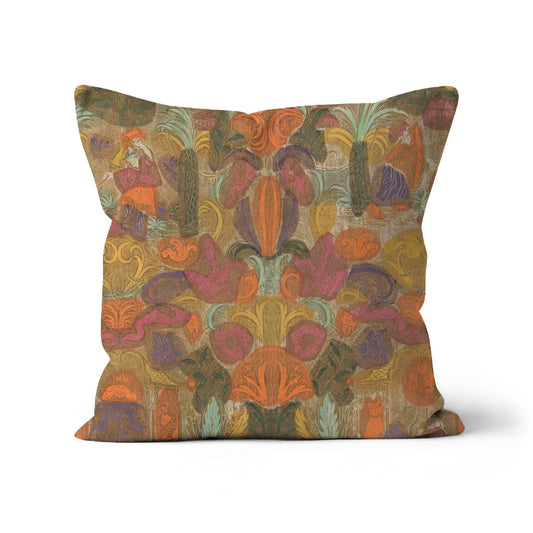 Cushion featuring an antique oriental pattern in soft pastel colours, yellows and golds