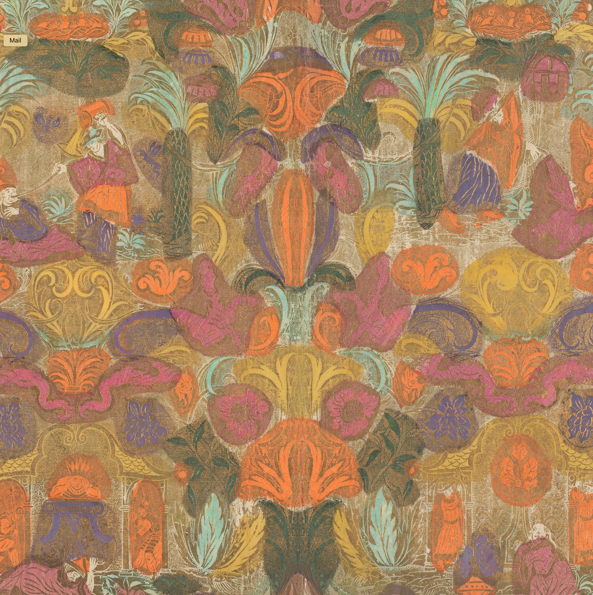  antique oriental textile pattern in soft pastel colours, yellows and golds