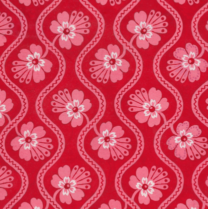 Sample of artwork featuring pink flowers and wavy line pattern on a red background. 