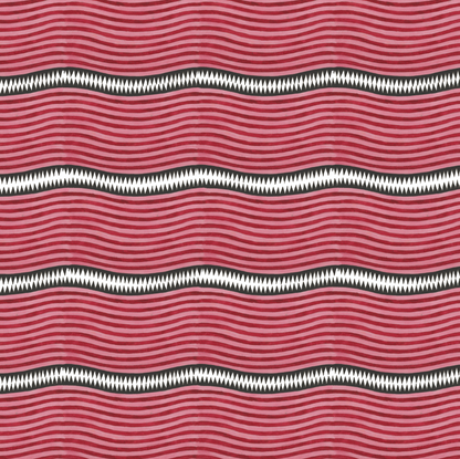 Artwork of a pattern of red and pink stripes and graphic stripe of white diamond shapes on a black.