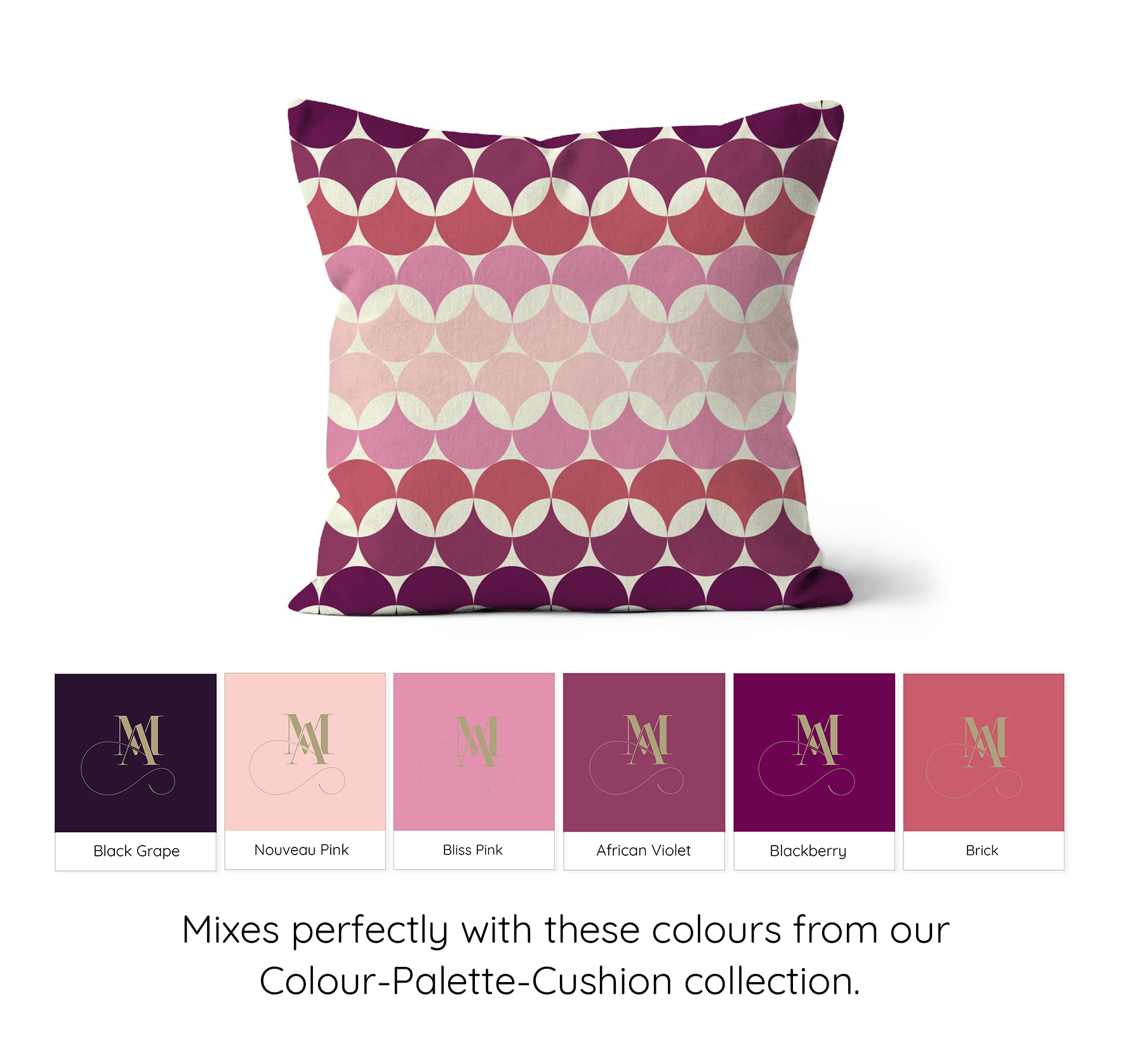 Square shaped cushion with Bauhaus style graphic pattern in purple and pink colour circles combination. Colour swatches of the colour swatches.