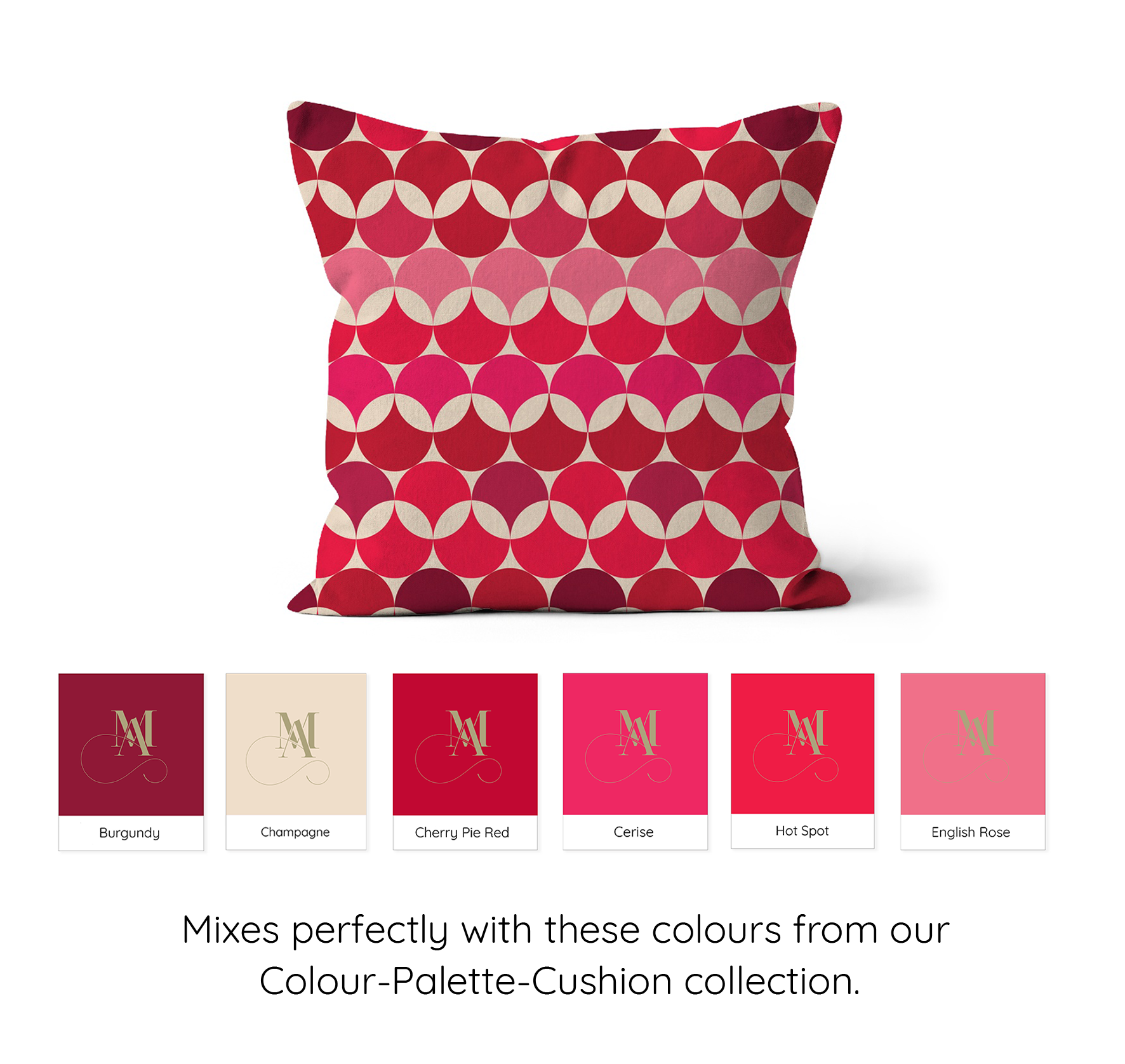 Square shaped cushion with Bauhaus style pattern, interlinking circles in Red, and Pink colour combination on a cream background. 6 Colour swatches showing all of the colours in the graphic pattern