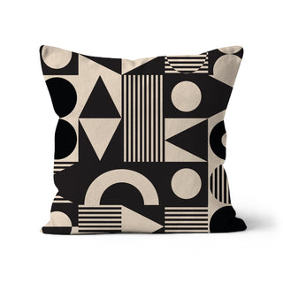 Black and beige geometric Bauhaus-style cushion cover, organic cotton, designed by Mode Abode in Brighton, UK.
