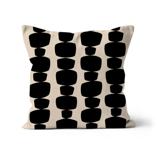 Black and beige mid-century geometric organic cotton cushion cover, vertical abstract pattern designed by Mode Abode in Brighton, UK