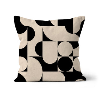 Black and beige curved geometric, bauhaus inspired, organic cotton cushion cover, modern abstract pattern designed by Mode Abode.