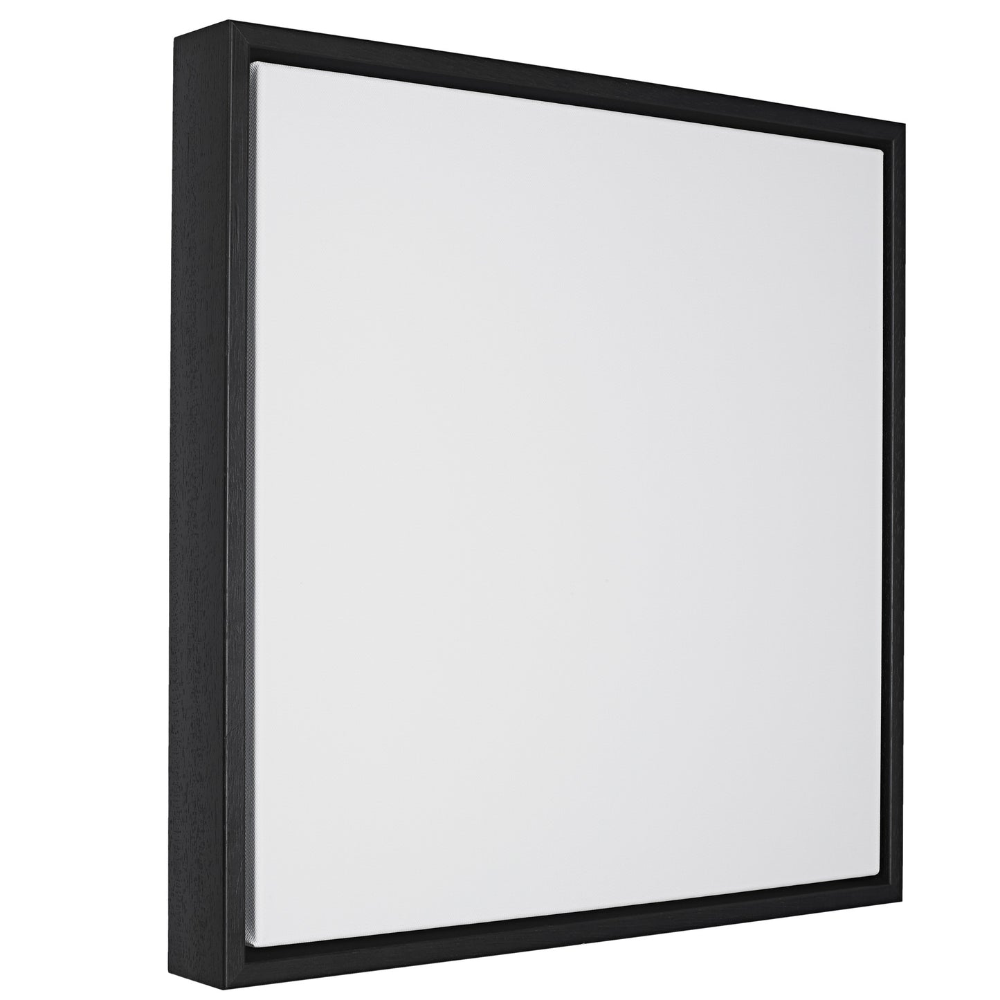 Square shaped, white canvas with floating black wooden frame photographed on a plain white background.