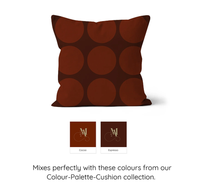 Square cushion with cocoa brown large graphic spots on a dark espresso background