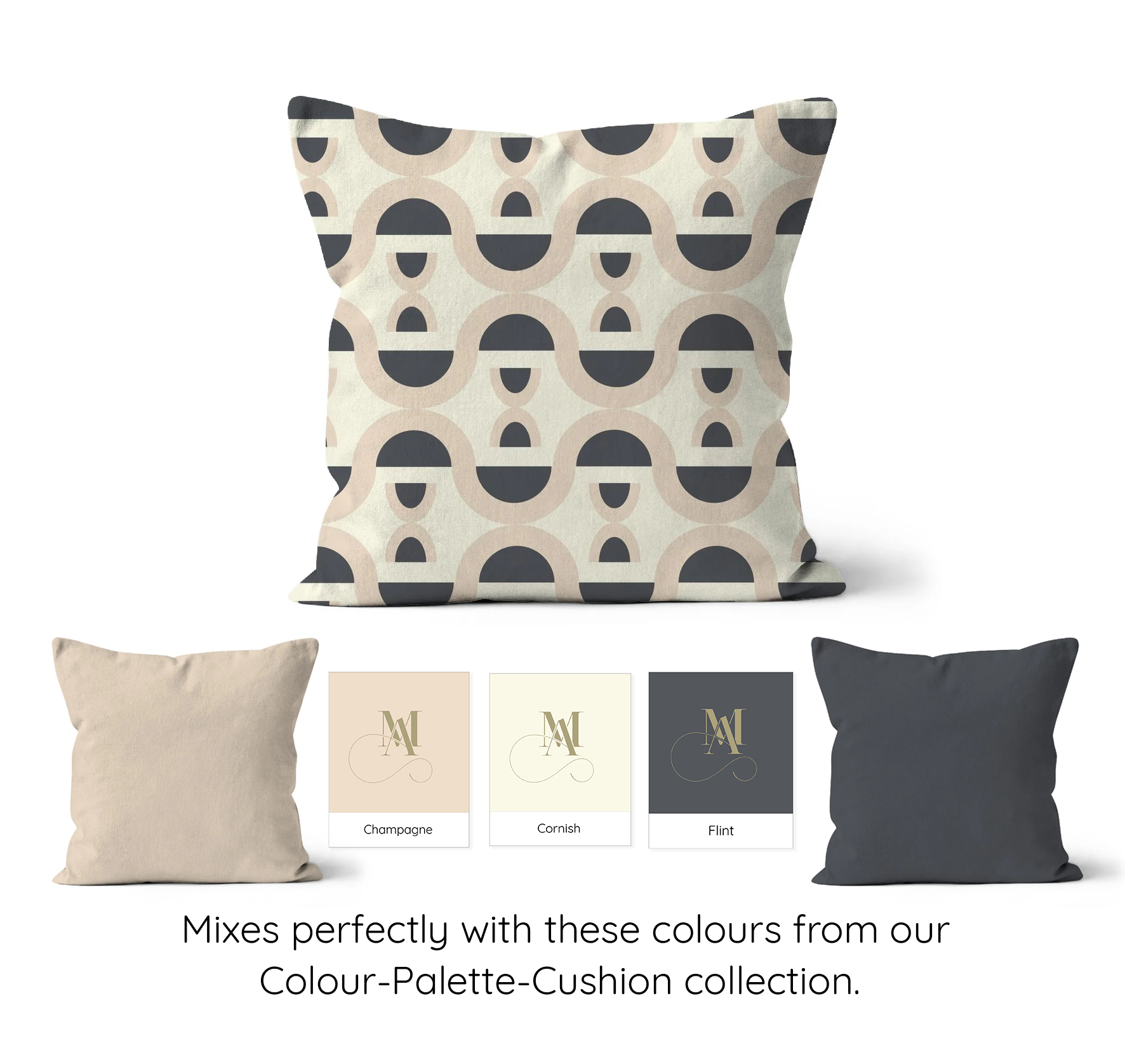 Bauhaus pattern cushion with cream + grey swatches