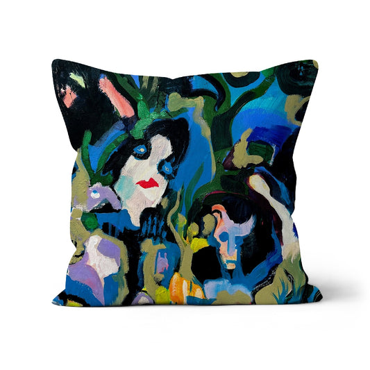 cushion design featuring outsider art abstract painting of faces and bold shapes