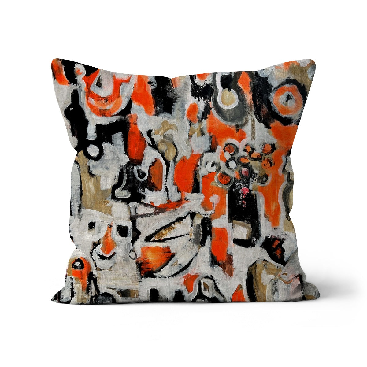 cushion with outsider art design in orange black and white,