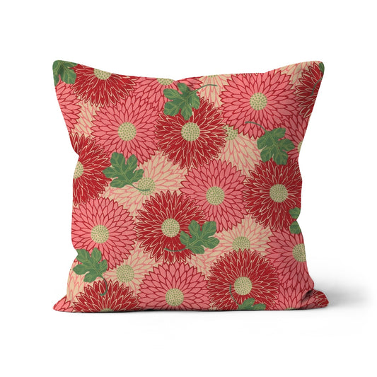 Cushion with pink and red floral pattern with green leaves, daisy cushion cover, sqaure daisy flower cushion cover