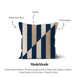 Striped pillow with color options labeled on a white background, featuring the brand 'ModeAbode'.