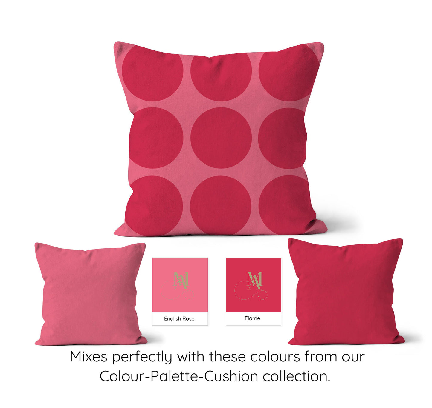 Spotty pattern in pinks and red spot graphic pattern, with mode abode colour swataches