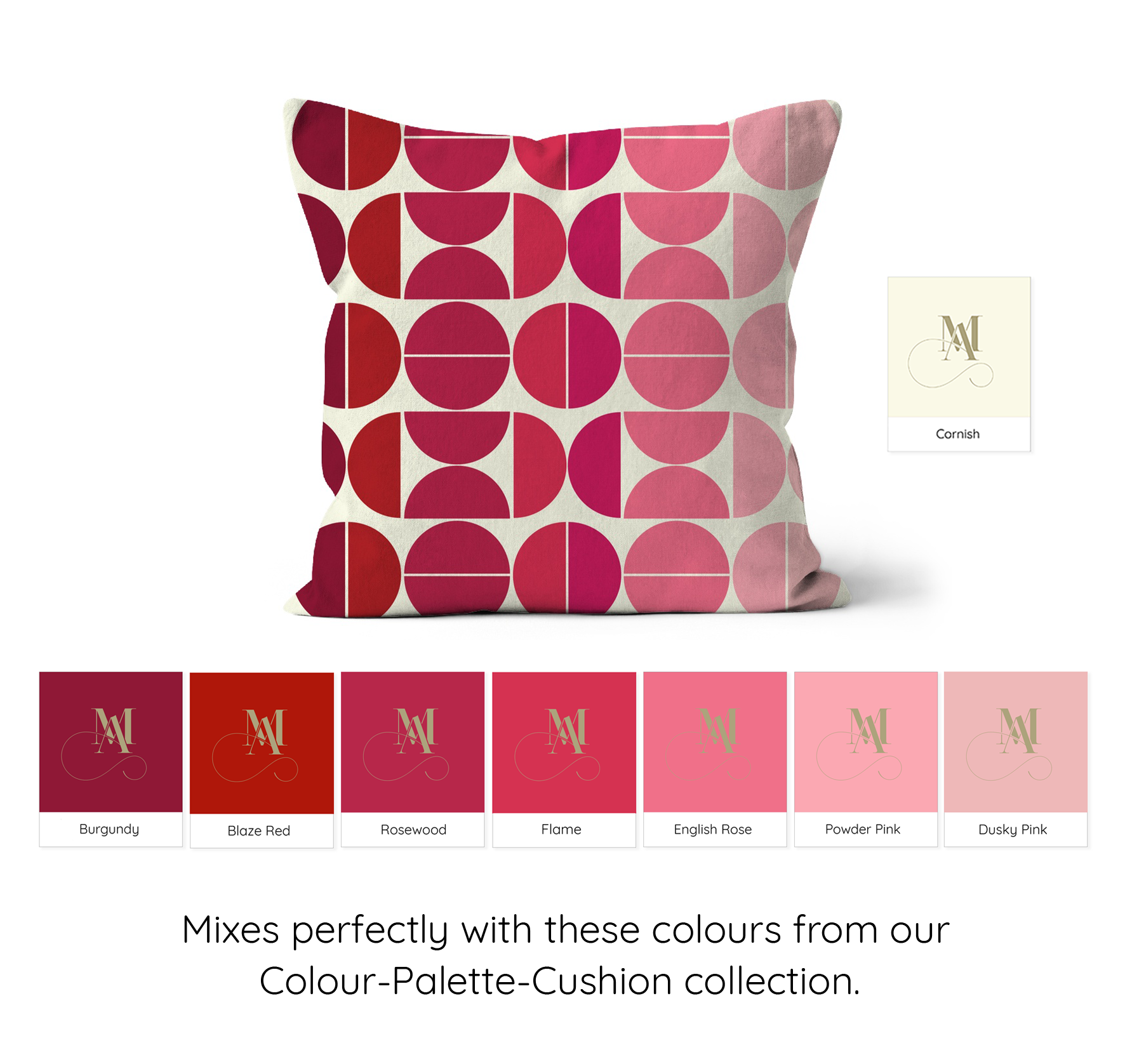 Square shaped cushion with Bauhaus style graphic pattern in graduating shades of pink. Colour swatches of all the colours used.