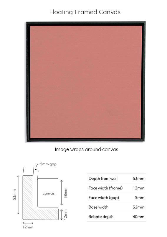 Plain-coloured square-shaped canvas with a wooden black frame. Black and white line drawing diagram of a canvas showing the measurements of the floating frame in shown in millimetres.