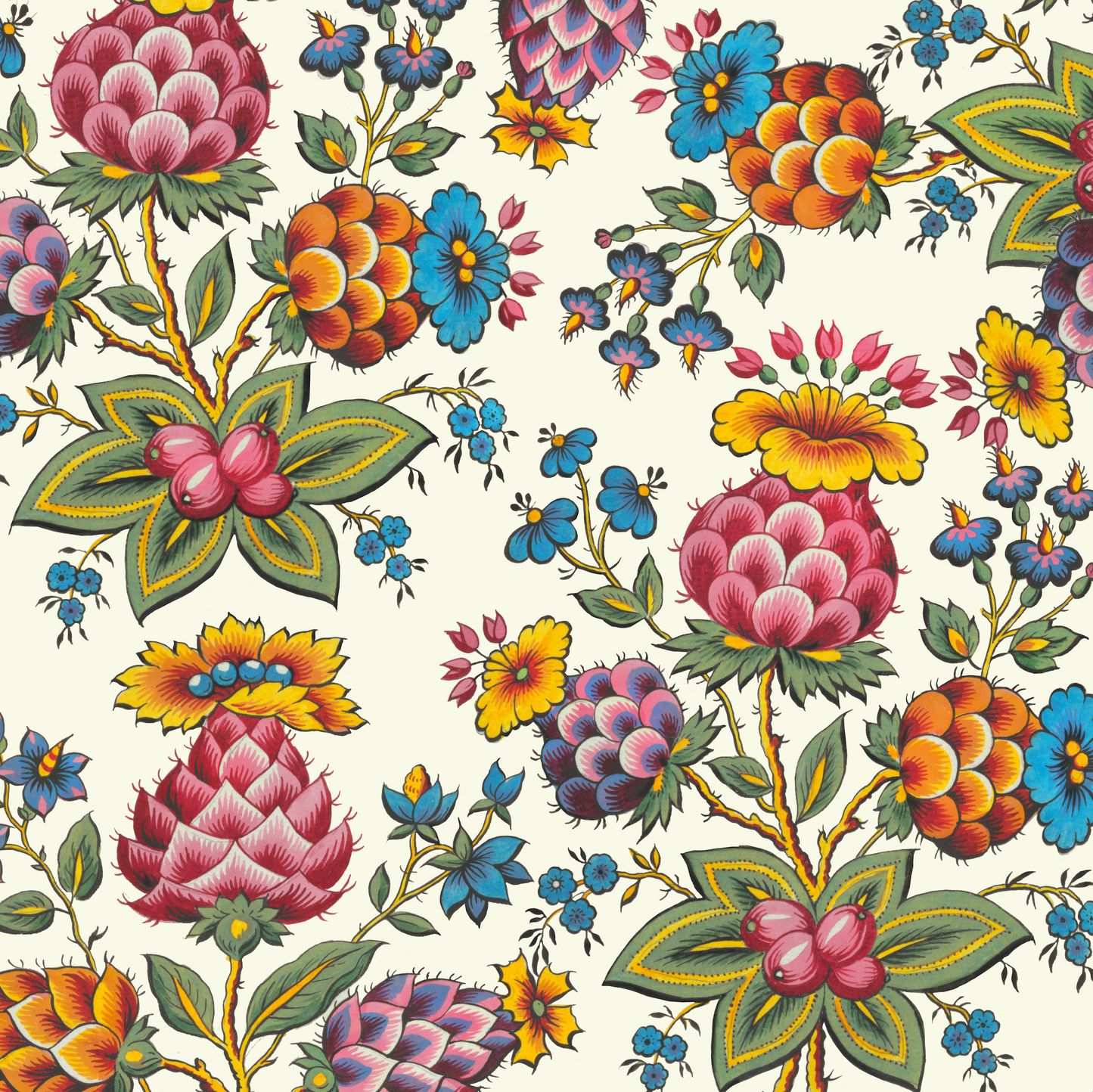 Sample vintage artwork featuring pink  and orange thistles, forget-me-not flowers, pink berries on a pale cream background