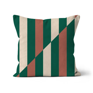 Forest green, terracotta, and beige striped geometric cushion cover with diagonal split, 100% organic cotton, designed by Mode Abode in Brighton, UK.