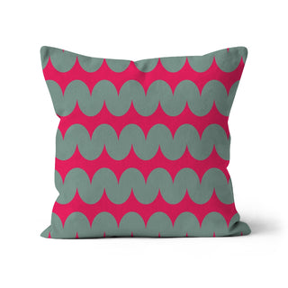 Fuchsia and sage green wave pattern cushion cover, 100 % organic cotton, designed by Mode Abode in Brighton, UK.