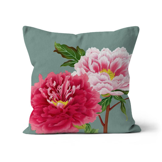pink peony cushion cover, organic cotton peony cushion cover in eucalyptus