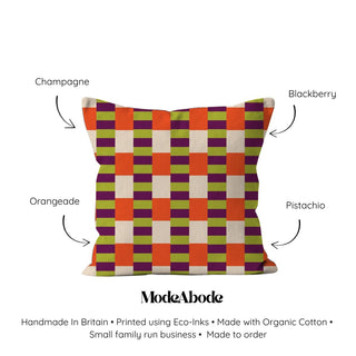 Color swatch pillow with checkered pattern labeled 'Champagne', 'Blackberry', 'Orangeade', and 'Pistachio' on a white background.