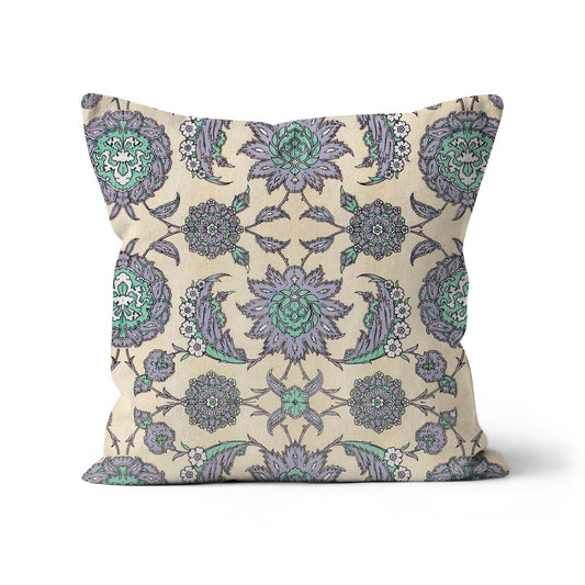 square shaped cushion with arabesque design in lilac, mint green and cream background