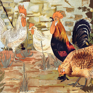 Illustration of chickens and a rooster on a rustic background
