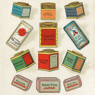 Illustrations of vintage tea canisters with different brands and types on a beige background.