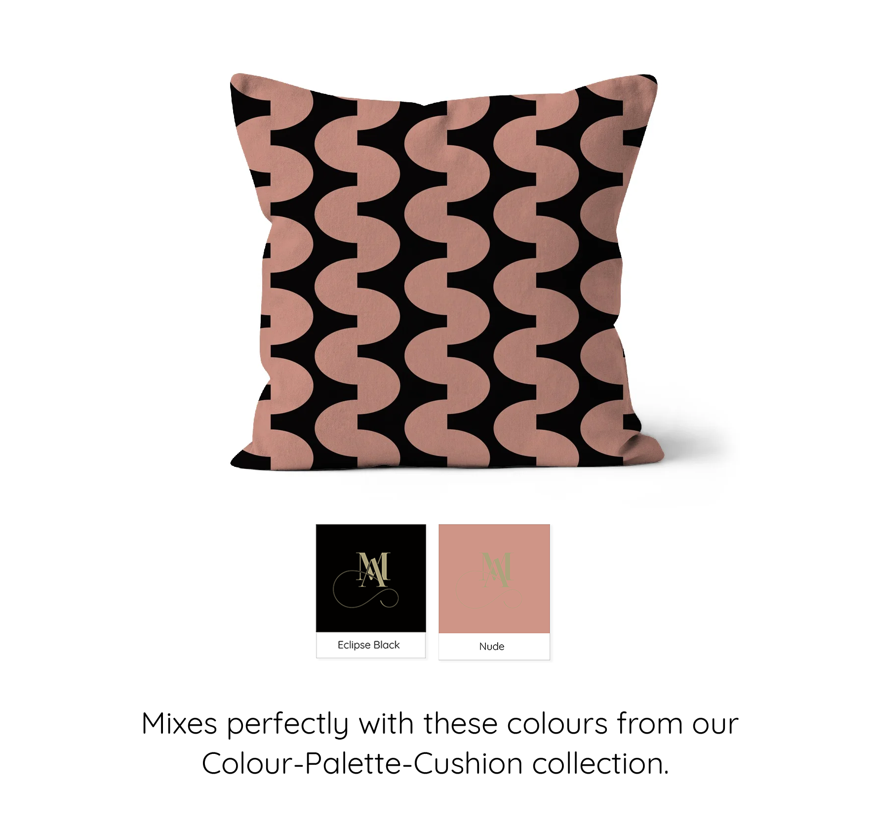 square shaped cushion with bauhaus style pattern of graphic shapes in nude + black, the colour swatches show the mode abode colours used in the design