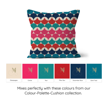 Square shaped cushion with Bauhaus style graphic circles pattern. Red, pink teal and dark blue colour combination. 6 Colour swatches showing all the colours in the pattern