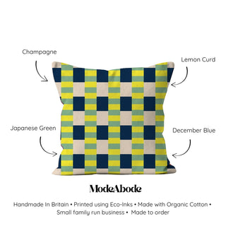 Checkered pillow with colour swatches labeled on a white background, featuring ModeAbode branding.
