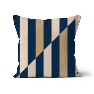 Decorative pillow with blue and beige diagonal stripe pattern on a white background