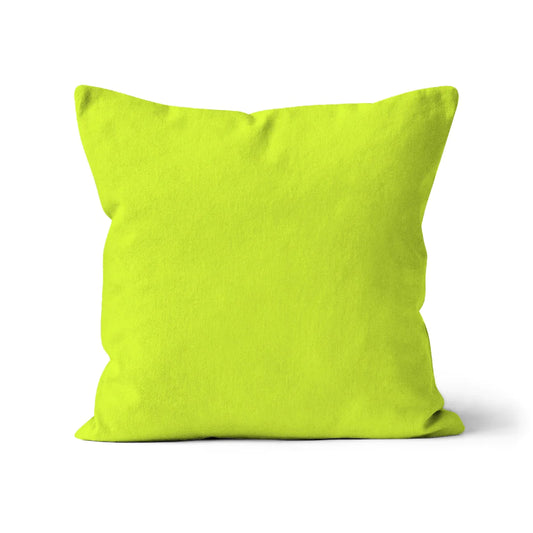 Bright neon green cushion cover. Organic cotton cover. Square shaped cushion cover. Sustainable homeware, eco friendly, british made. Machine washable cushion cover. Plain colour cushion covers.