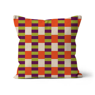 Colourful checkered pillow on a white background Orange, purple, and lime green checkerboard cushion cover, 100% organic cotton, designed by Mode Abode in Brighton, UK.