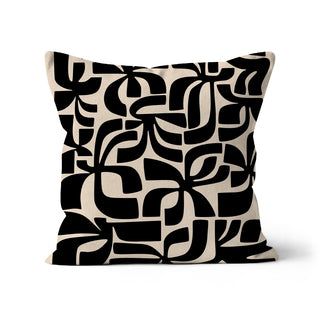 Black and beige organic geometric cushion cover with abstract floral shapes, 100% organic cotton, designed by Mode Abode in Brighton, UK.