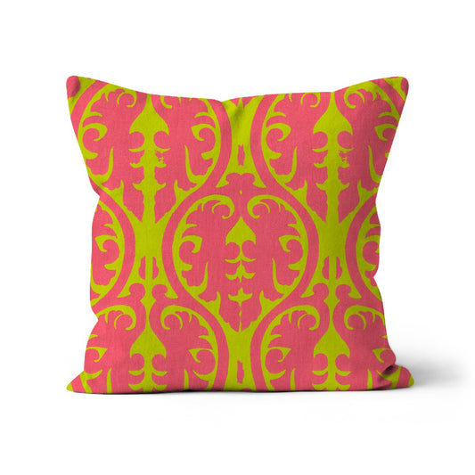 Square cushion with pink and lime green Baroque  pattern 