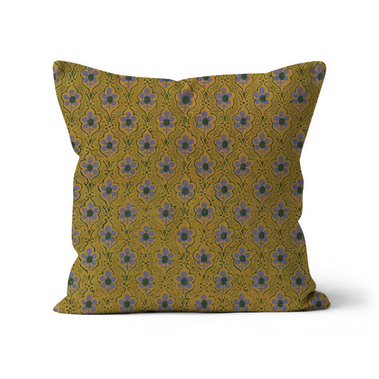 Square shaped cushion with dark yellow and lilac antique Japanese Pattern.