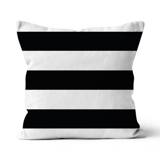 Square shaped cushion with horizontal stripes in black and white