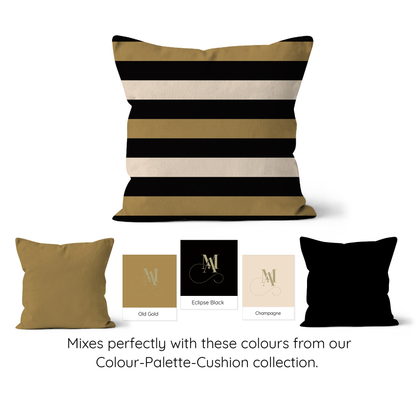 Striped square cushion with black cream and beige stripes.