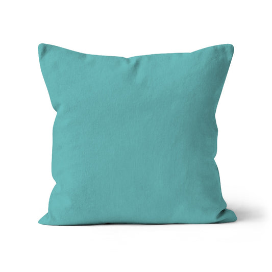 Tiffany blue cushion cover square shape, Made in UK, sustainable, eco-friendly inks. Free delivery. High quality, washable cover, Tiffany blue colour filled square cushion, made in the UK, sustainably produced, eco-friendly inks, square shaped cushion, Tiffany blue velvet cushion, Tiffany blue cushion, luxury blue cushion cover, velvet cushion cover, organic cotton cushion cover in blue.