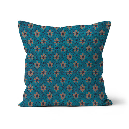 Square cushion with antique japanese textile design in turquise blue and  peach pink flowers