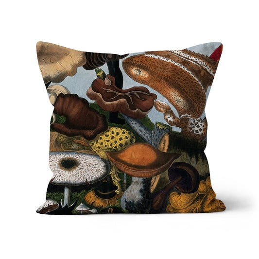 Cushion with vintage watercolour illustration of wild fungi 