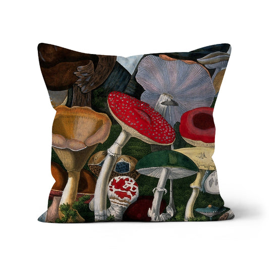 Cushion cover with vintage watercolour illustration of wild fungi including Fly Agaric, mushroom cushion cover.