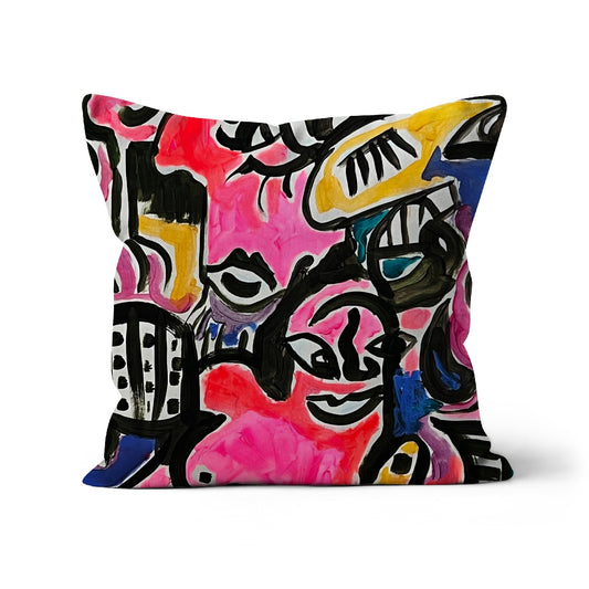 cushion featuring bold and colourful abstract outsider artwork, neon pink and heavy black outlines