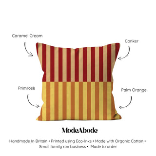 Striped pillow with color swatches labeled and ModeAbode branding.